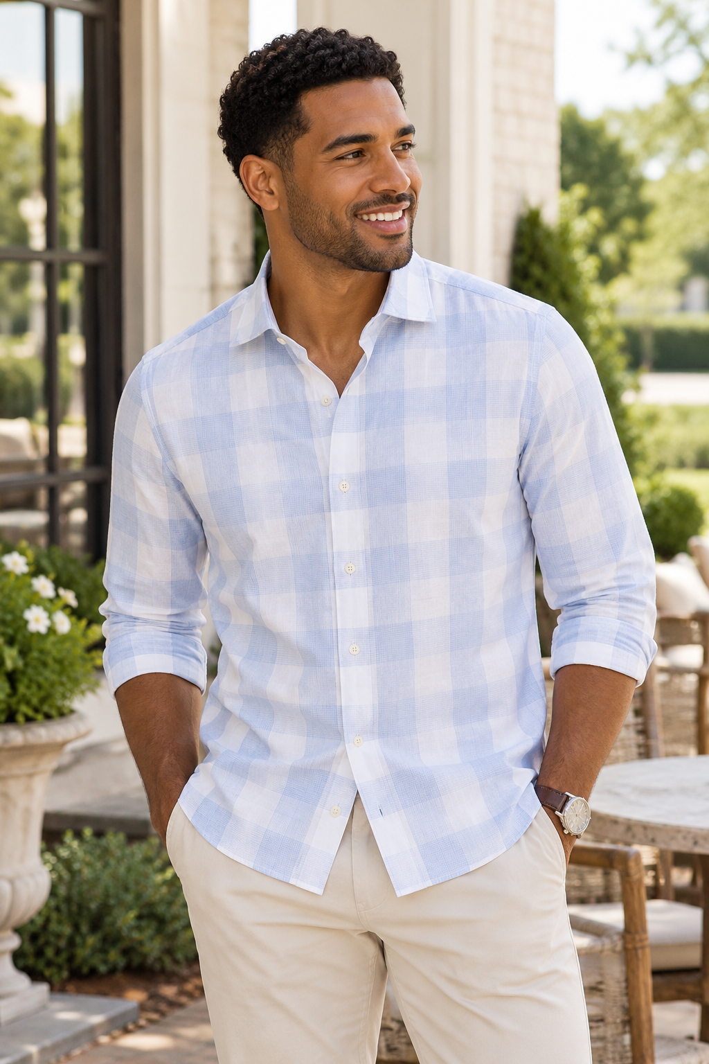 Cotton Check Kent Collar - Light Blue