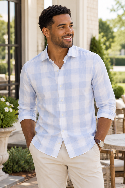 Cotton Check Kent Collar - Light Blue