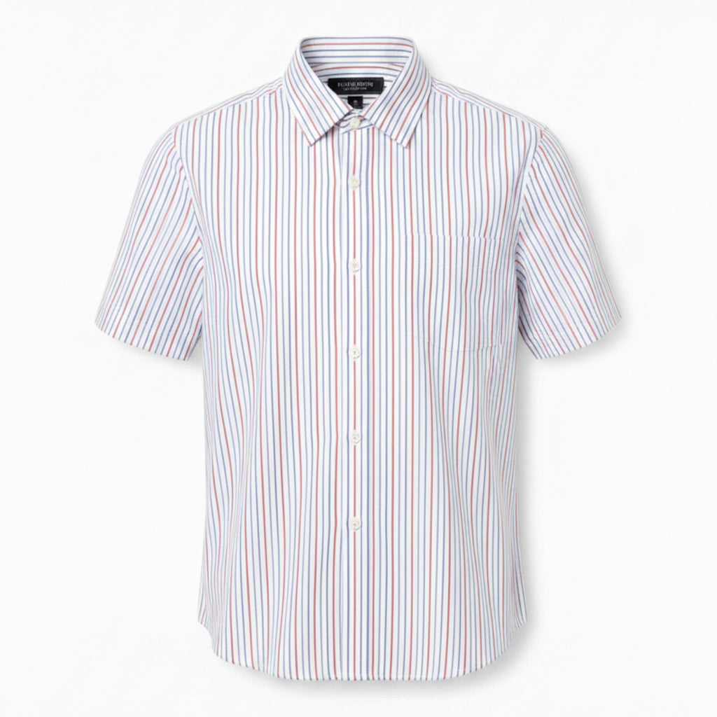 Mac & Clay short sleeve button-up shirt with red and blue vertical stripes. Classic collar and chest pocket.