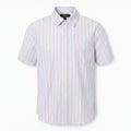 Mac & Clay short sleeve button-up shirt with red and blue vertical stripes. Classic collar and chest pocket.