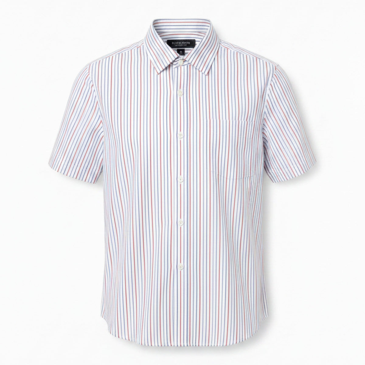 Mac & Clay short sleeve button-up shirt with red and blue vertical stripes. Classic collar and chest pocket.