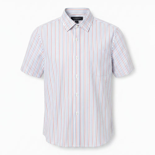 Mac & Clay short sleeve button-up shirt with red and blue vertical stripes. Classic collar and chest pocket.