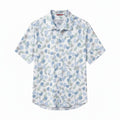 Mac & Clay SS Tech Pique Resort Print short sleeve shirt with blue and green floral pattern on white.